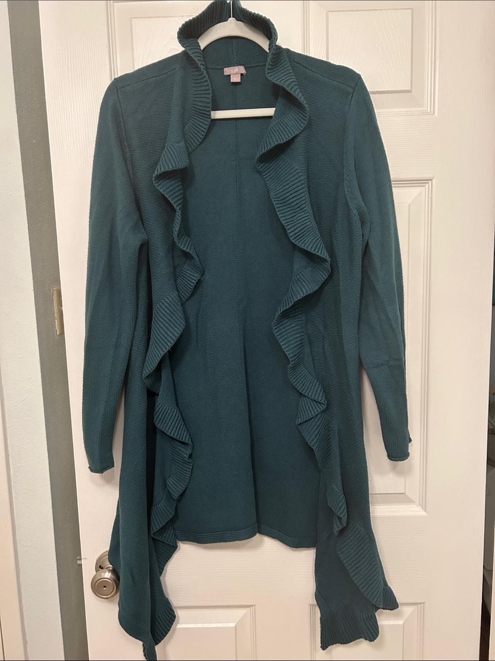 J. Jill - Teal Green Open-Front Waterfall Ruffle Cardigan